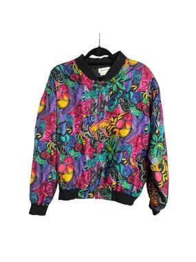 Vintage 80’s Naked Silk Floral Artsy Print Bomber Jacket Large Retro Colorful